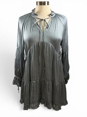 O.P.T. Juvianna Silky Long-Sleeve Tiered Mini Dress in Slate Blue, Small